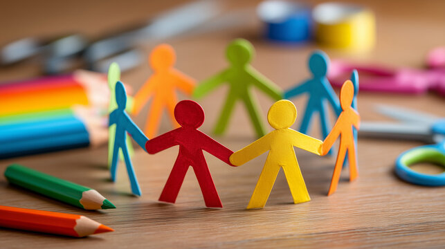 Colorful paper people holding hands in circle with school supplies  
