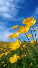 Fototapeta premium Vibrant Wildflowers Blooming in a Vast Meadow Under Bright Sky