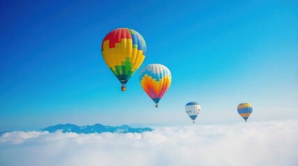 Colorful Hot Air Balloons Soar Above a Sea of Clouds and Mountains