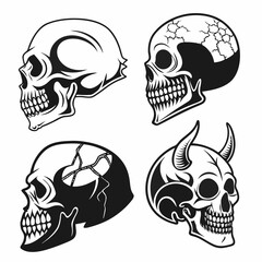 Collection of four stylized black and white skull illustrations in profile view with unique designs
