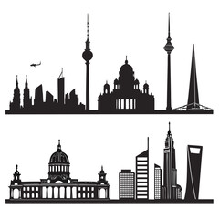 Obraz premium Diverse city skylines silhouetted against white background featuring famous landmarks and modern architecture