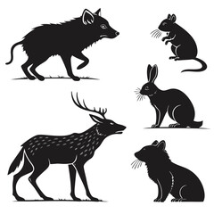 Collection of black silhouette wild animals including a deer fox rabbit mouse and cat on white background