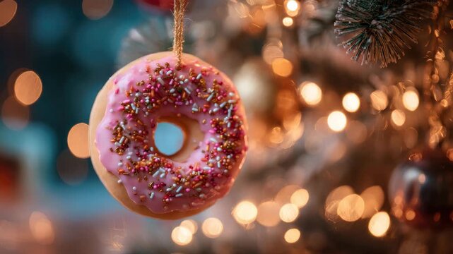 hanging christmas tree decoration in form of donut in cozy living room animation