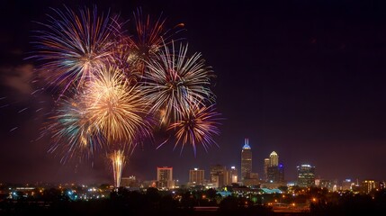Fireworks bursting night sky above city skyline