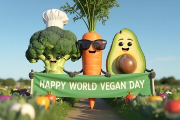 Joyful broccoli, cool carrot, and happy avocado celebrate World Vegan Day holding a banner in a vibrant garden