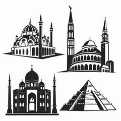 Collection of iconic silhouette landmarks including mosques taj mahal and egyptian pyramid