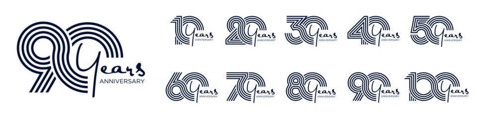 collection anniversary 10 to 100 year logo designs. abstract number for celebration event, wedding, greeting card, and invitation, vector illustration