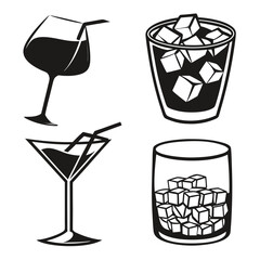 Collection of four stylized black and white vector illustrations of alcoholic and non alcoholic beverages in glasses with ice cubes and straws