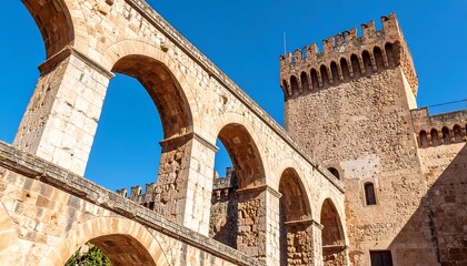 Ancient stone arches and a castle tower under a clear sky