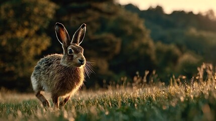 Wild hare running in meadow at sunset