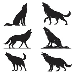 Collection of six distinct black wolf silhouettes in various howling poses against a white background