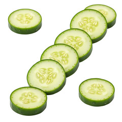 Fresh sliced cucumber rings arranged on a white background