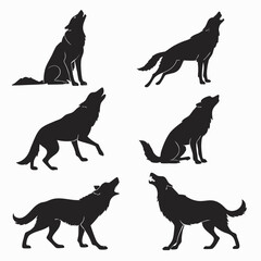 Collection of black wolf silhouettes in various howling poses against a white background