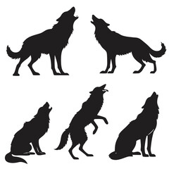 Collection of five black wolf silhouettes howling against a white background in various poses