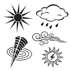 Collection of stylized black and white weather icons including sun rain cloud wind tornado and lightning bolt