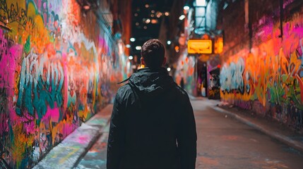 Anonymous traveler walking down vibrant graffiti alleyway, urban exploration, street art, moody atmosphere