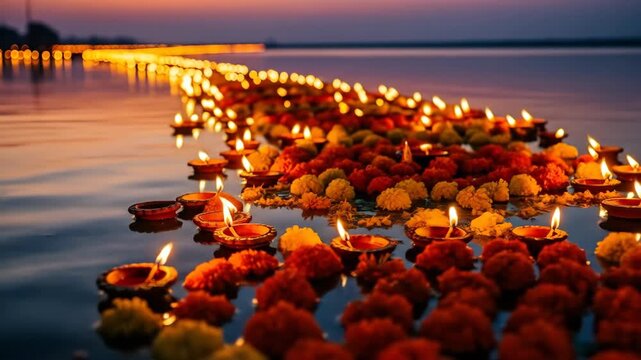 Chhath puja thousands of devotional diyas and vibrant marigold flowers gracefully floating on sacred water during traditional indian festival sunset