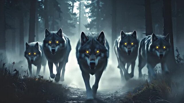 Majestic Wolves Running Through Dark Forest