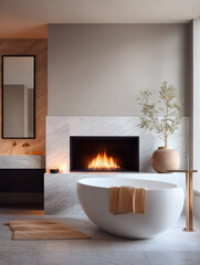 Serene bathroom featuring a modern tub and fireplace, conveying relaxation and luxury. Ideal for showcasing home design, wellness, and aspirational lifestyle.