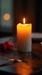 Elegant dining candle, burning brightly, casting a warm glow on a dark wooden table Perfect for adding ambiance to romantic dinners or special occasions , reflection, centerpiece, serenity