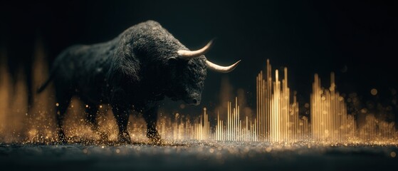 Bull market finance stock investment concept gold data growth. Symbolic representation of a bullish stock market.A strong black bull stands beside glowing gold financial data bars, representing growth