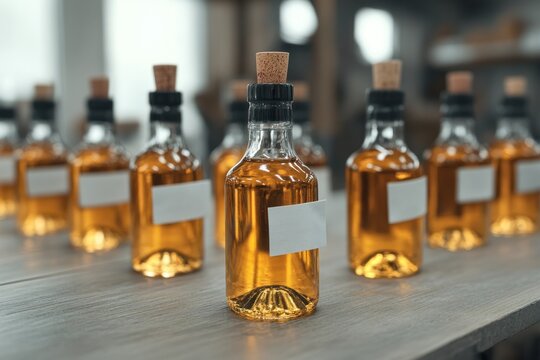 Finished bottled homemade wine with corks and labels arranged neatly in a rustic workshop