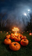 Spooky halloween night celebration with glowing jack-o'-lanterns and fireworks in the sky