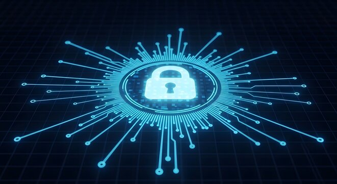 Futuristic Cybersecurity Lock Grid with Glowing Digital Connections