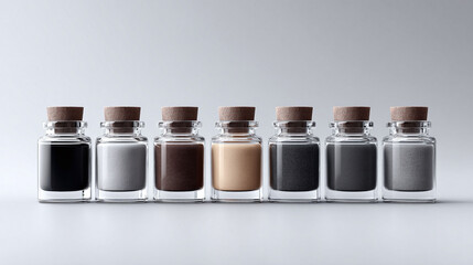 A row of glass bottles with corks, each containing a different colored substance black, white, brown, beige, and shades of gray. Use for science, art, alchemy, or abstract concepts.