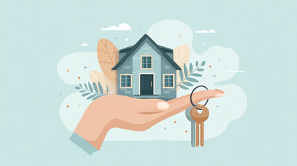 Fototapeta premium Hand holding house illustration with keys symbolizing real estate ownership 