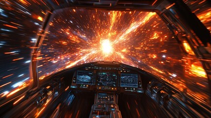 spaceship cockpit view navigating through alien energy storm in space, realistic glass reflections, glowing particle clouds, high detail