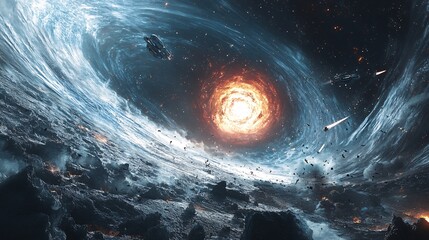 energy beam shooting from moon base into galaxy core, spacecrafts flying around, cinematic depth, ultra-realistic sci-fi concept art