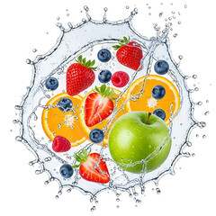 Fresh mixed fruit splash in water with oranges strawberries blueberries and apple