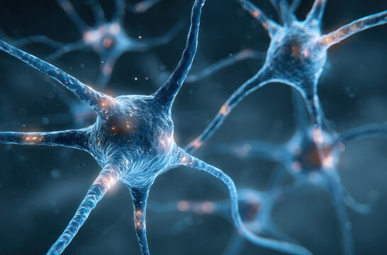 This image depicts a close-up of neural cells, highlighting their detailed structures and how they connect with each other.