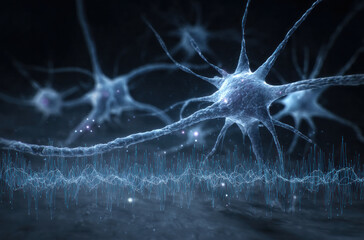 Image depicts neurons with electrical activity patterns illustrating neural communication in the brain.