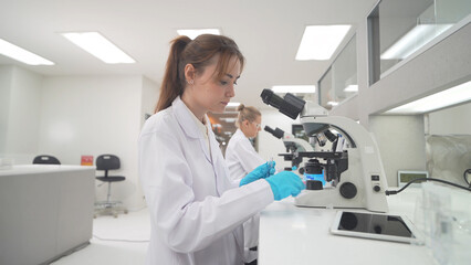 Scientist examining samples at laboratory using microscope during daylight hours