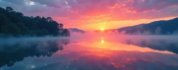Serene sunrise over a tranquil lake, mist rising, reflecting vibrant colors Perfect for meditation, mindfulness, and spa themes Ideal for promoting calm and relaxation , peaceful, sky