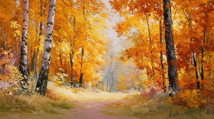 A beautiful autumn forest with trees in bright orange and red leaves