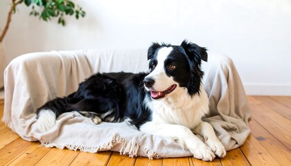 Obraz premium Black and white dog in a bed