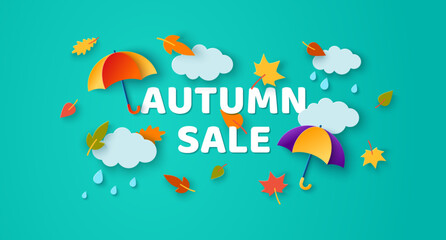 Autumn sale logo, weather banner poster. Fall background, 3d clouds, umbrella and leaves, blue sky. Promo sale design. Vector illustration. Monsoon season layout template. Children paper art coupon