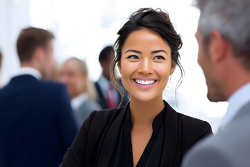 Happy Businesswoman Smiling and Talking with a Colleague at a Conference