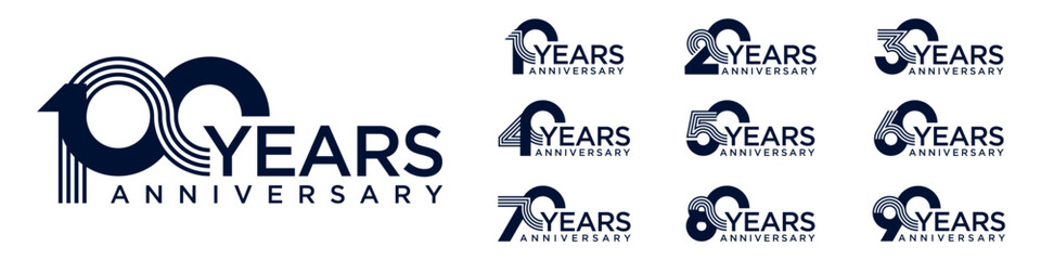 collection anniversary 10 to 100 year logo designs. abstract number for celebration event, wedding, greeting card, and invitation, vector illustration