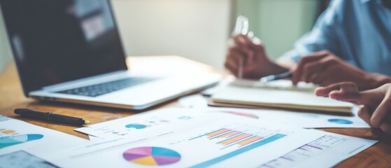 The laptop and charts on a workspace with hands taking notes and analyzing data