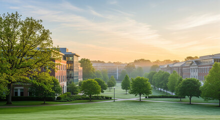 Obraz premium A serene and peaceful photograph of a business park at dawn. The buildings are a mix of modern and classic architecture, surrounded by lush, green trees and a well-manicured lawn. The lighting is sof
