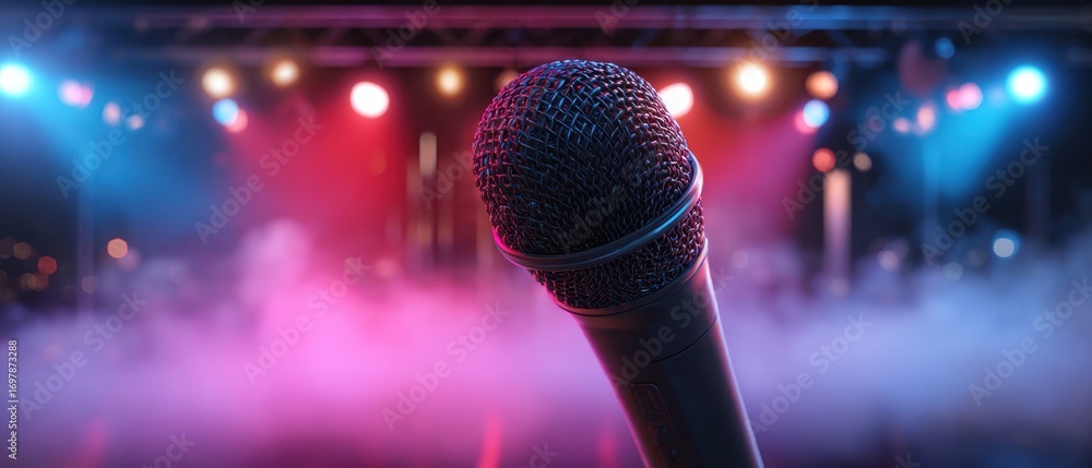 Poster the microphone on stage with colorful lights and atmospheric smoke and vibrant bokeh background