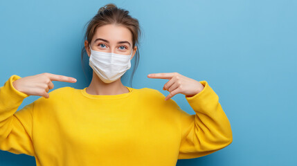 Young Woman in Yellow Sweater Wearing Face Mask and Pointing at It