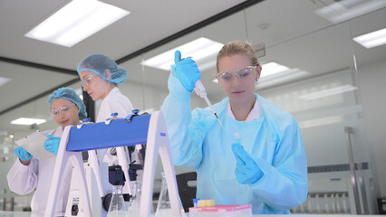 Laboratory researchers conducting experiments using pipettes and samples in a sterile environment