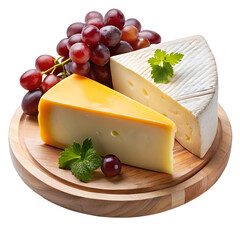 Two wedges of cheese with grapes and mint leaves on a wooden board, isolated on transparent background