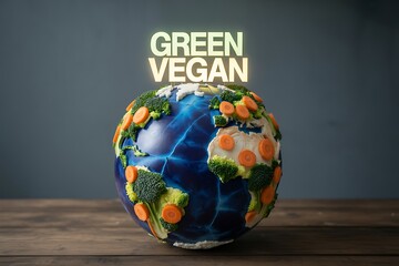 Vibrant planet Earth adorned with fresh broccoli and carrots symbolizes a growing green vegan movement globally
