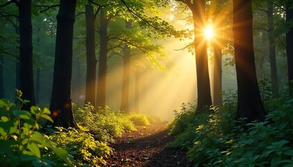 Golden sunlight streams through the leaves of a dense forest, dappling the forest floor with light and shadow  Perfect for nature, environmental, and woodland themes ,  woodland,  contrast,  detail